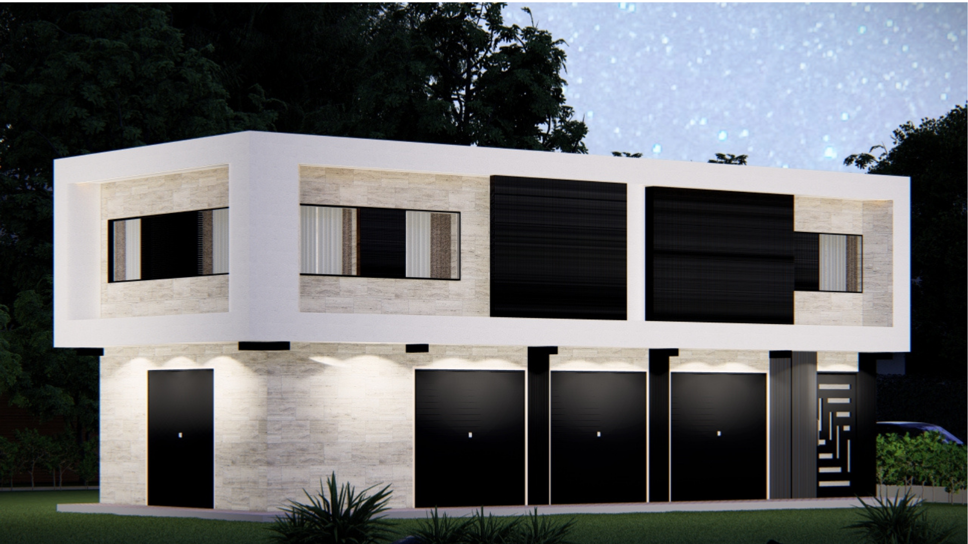 Façade 3D d’une résidence contemporaine de nuit