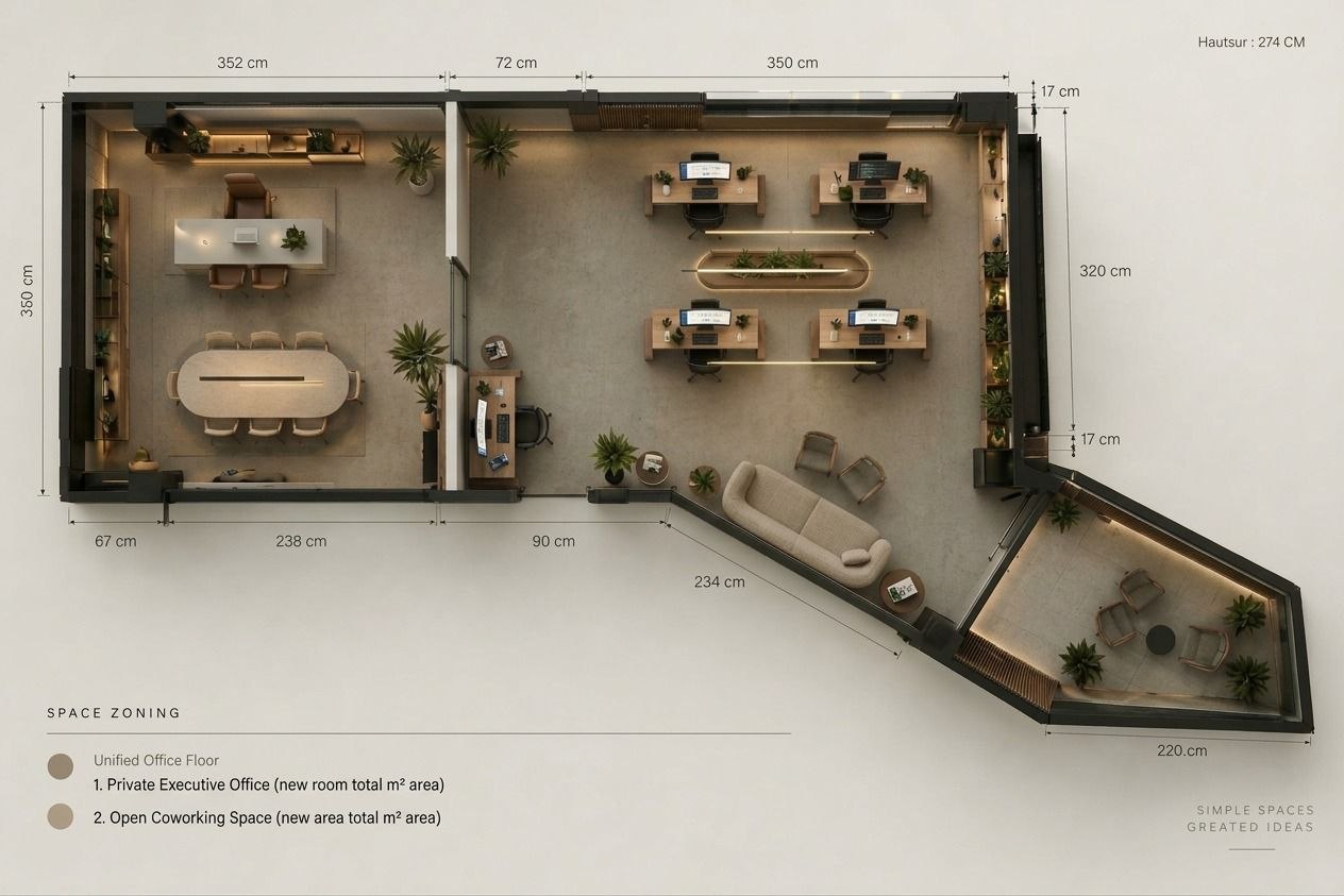 Vue de dessus 3D d’un espace de bureaux